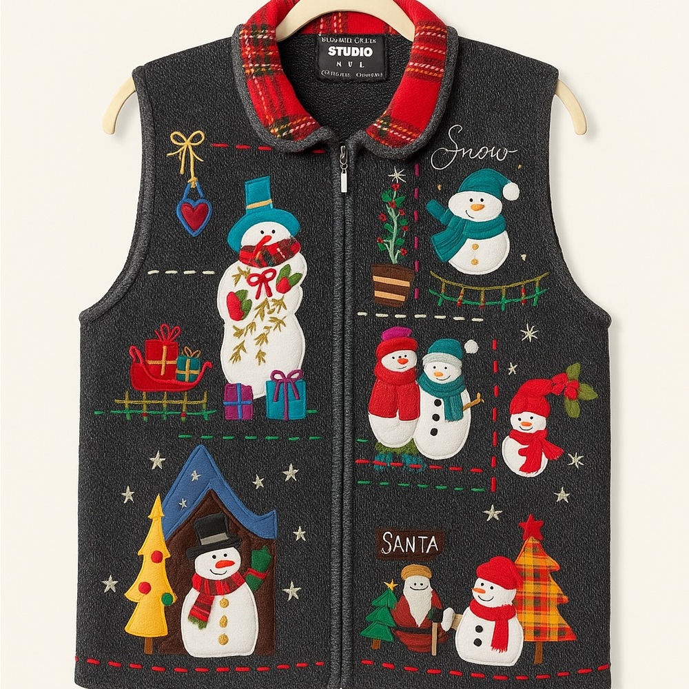 Studio Festive Snowman Embroidered Vest - Gray and Red